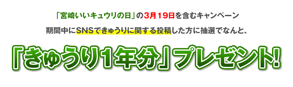 「宮崎いいキュウリの日」の３月１９日を含むキャンペーン期間中にＳＮＳできゅうりに関する投稿した方に抽選でなんと、「きゅうり1年分」プレゼント！