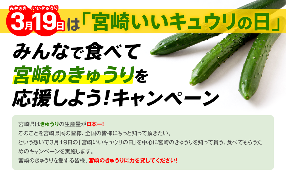 3月19日は「宮崎いいキュウリの日」みんなで食べて 宮崎のきゅうりを応援しよう！キャンペーン　宮崎県はきゅうりの生産量が日本一！このことを宮崎県民の皆様、全国の皆様にもっと知って頂きたい。という想いで３月１９日の「宮崎いいキュウリの日」を中心に宮崎のきゅうりを知って貰う、食べてもらうためのキャンペーンを実施します。宮崎のきゅうりを愛する皆様、宮崎のきゅうりに力を貸してください！