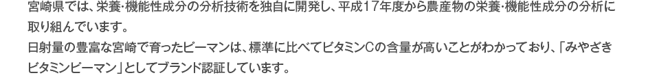 宮崎県では、栄養・機能性成分の分析技術を独自に開発し、平成17年度から農産物の栄養・機能性成分の分析に取り組んでいます。日射量の豊富な宮崎で育ったピーマンは、標準に比べてビタミンCの含量が高いことがわかっており、「みやざきビタミンピーマン」としてブランド認証しています。